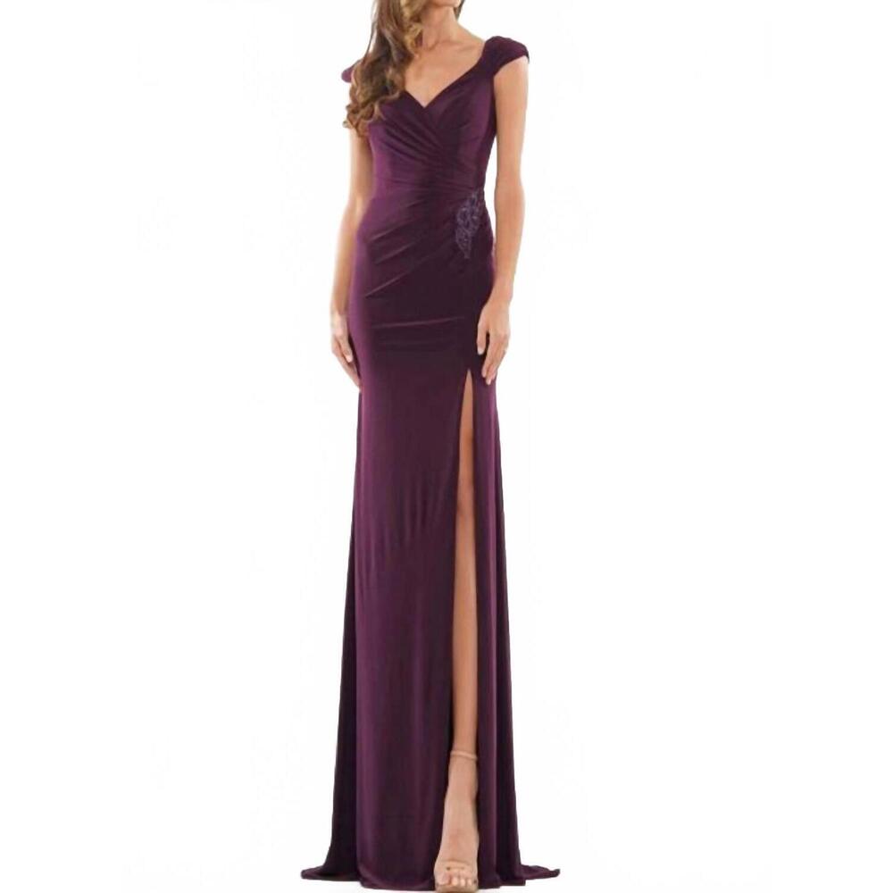 NEW COLORS DRESS cap sleeve jersey gown in aubergine
